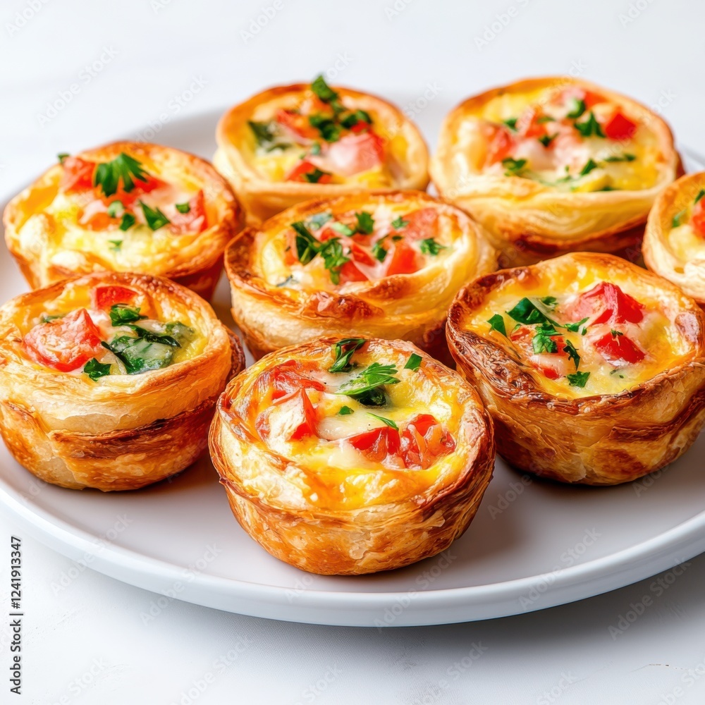 Freshly Baked Mini Quiches with Tomatoes and Herbs on a White Plate for Culinary Inspiration Freshly Baked Mini Quiches with Tomatoes and Herbs on a White Plate for Culinary Inspiration