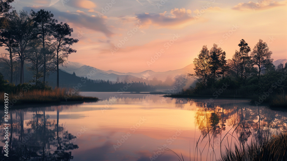 Obraz premium The calm waters of a lake reflect the gentle hues of dusk, surrounded by dark silhouettes of trees and the distant outline of mountains.