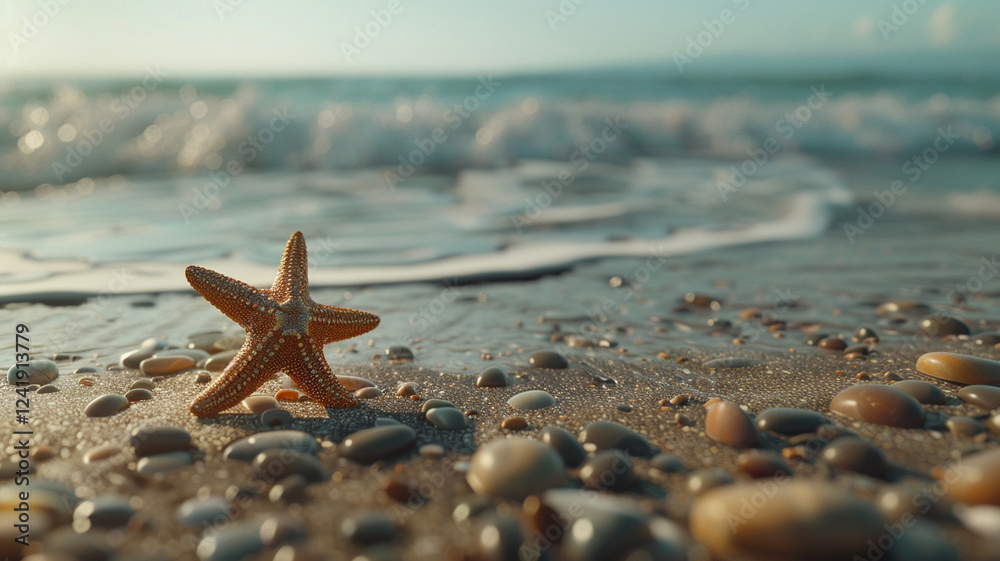 Starfish on Sandy Beach: A single starfish resting on a sandy beach, surrounded by small pebbles and gentle waves. Starfish on Sandy Beach: A single starfish resting on a sandy beach, surrounded by small pebbles and gentle waves.