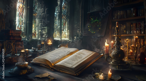 Grimoire of alchemy and magic of a medieval druid magician in the office of his terrifying castle. Alchemy & Magic Symbols. Illustration