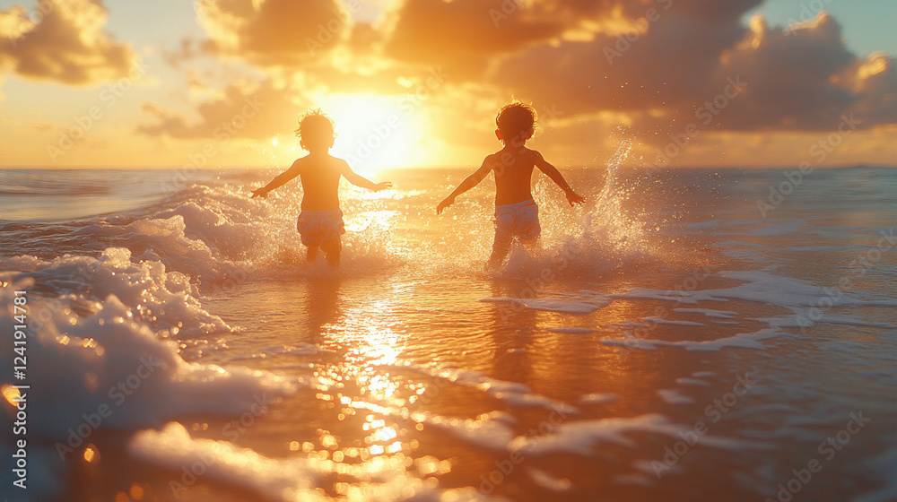 Fototapeta premium Kids Enjoying a Joyful Race Along the Shoreline During Sunset at the Beach