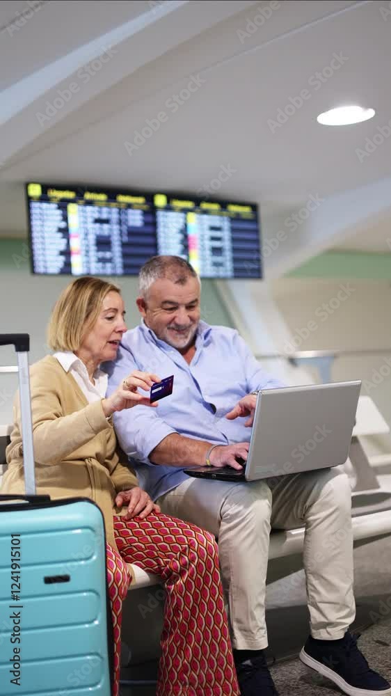 vertical Senior Couple Using Credit Card and Laptop at Airport vertical Senior Couple Using Credit Card and Laptop at Airport