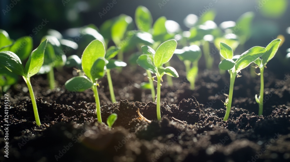 Green Seedlings Growing in Rich Soil Under Soft Natural Light Green Seedlings Growing in Rich Soil Under Soft Natural Light