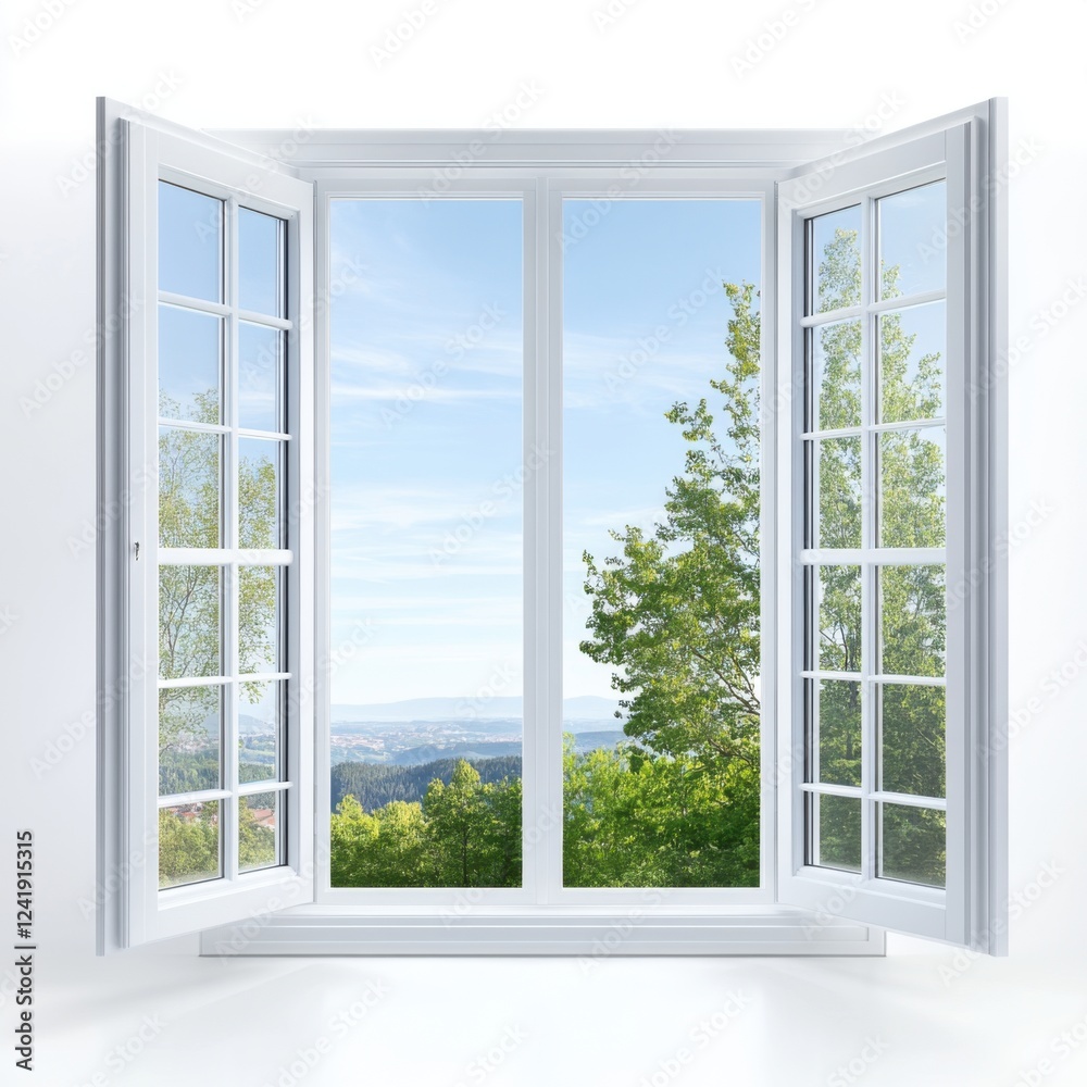 Bright Open Window with View of Lush Green Trees and Clear Sky in Serene Natural Setting Bright Open Window with View of Lush Green Trees and Clear Sky in Serene Natural Setting