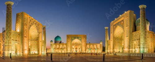 Panorama of the Registan by night,  Samarkand, Uzbekistan
