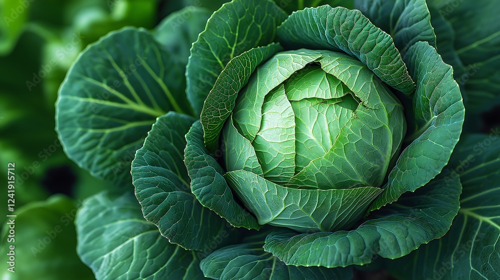 Fototapeta premium A vibrant green cabbage rests at the center of rich green leaves, showcasing its freshness and healthy growth in a thriving garden setting