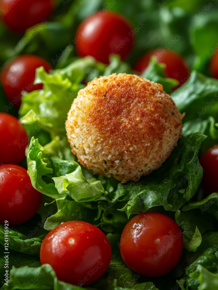 Fried cheese and tomatoes on a bed of fresh lettuce.