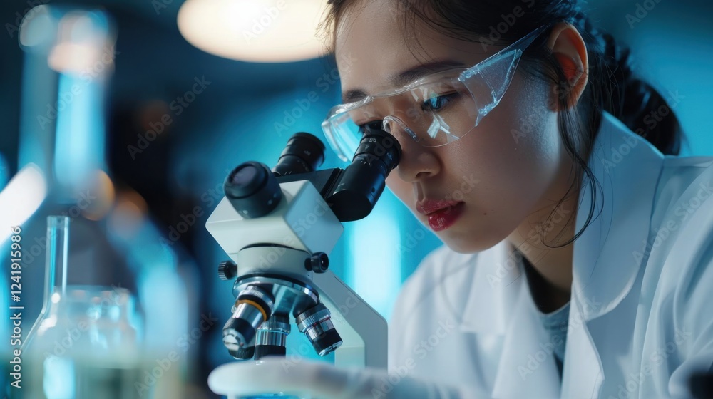 Focused Asian female scientist in a bright, modern laboratory, examining petri dish samples under a microscope. Background team working on drug development and biotechnology research Focused Asian female scientist in a bright, modern laboratory, examining petri dish samples under a microscope. Background team working on drug development and biotechnology research