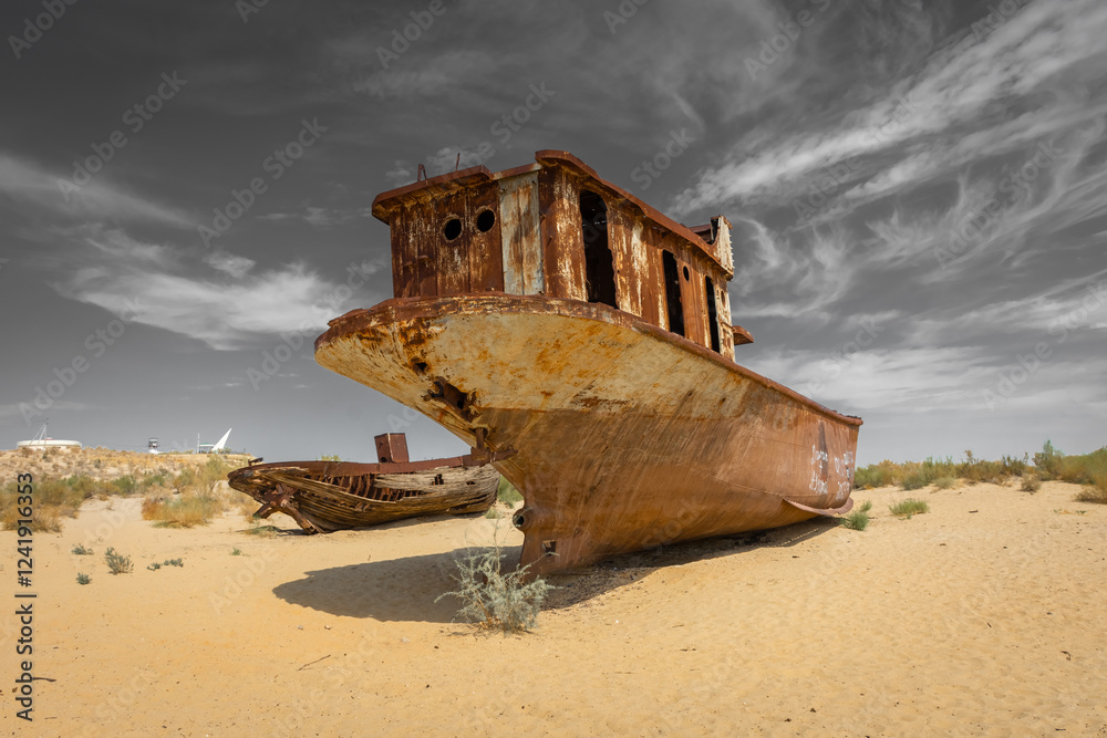 Rusting shipwrecks on what used to be the seabed of the Aral Sea. The Aral Sea has lost significant amounts of water coverage due to excessive irrigation. Moynaq, Uzbekistan