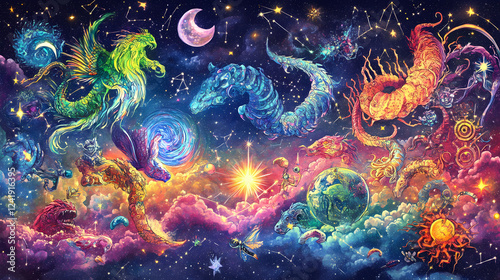 Zodiac and constellations in a starry and colorful sky. Alchemy & Magic Symbols. Illustration