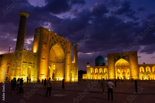 Cloudy twilight over the Registan Madrasa, Samarkand, Uzbekistan