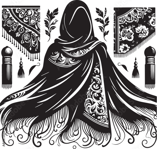 Pashmina Silhouette line art vector illustration on white background