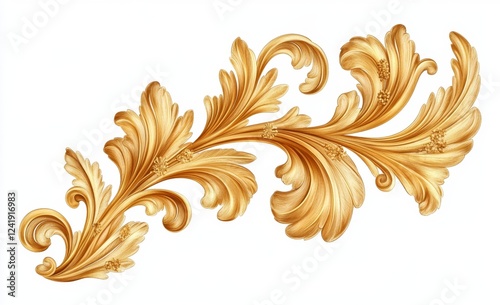 Golden acanthus leaf scroll design, isolated, ornate, decorative, background white, for print