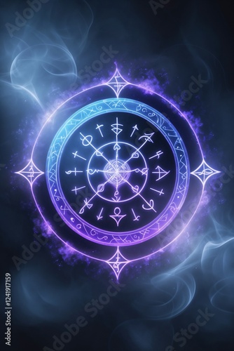 Mystic Circle with Runes on a Smokey Blue Background for Occult Blogs, Fantasy Designs, or Esoteric Websites, Presentations, and Creative Projects