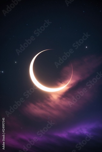 Crescent Moon in Purple Night Sky Background for Mystical Projects, Phone Wallpapers and Spiritual Themes, for Mobile Wallpapers, Serene Backdrops, Website Graphics, Themed Cards, Peaceful Banners