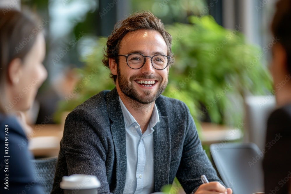 Young man laughing in a casual business setting with natural light Young man laughing in a casual business setting with natural light