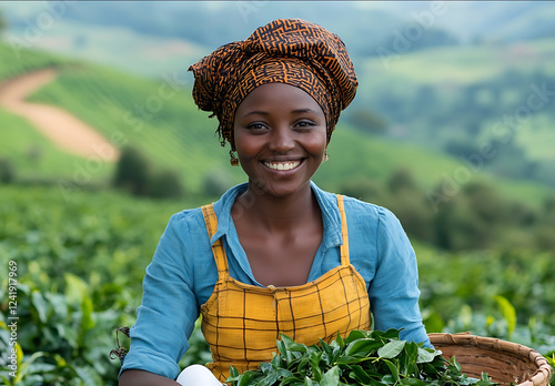 A photo of an smiling kenyan woman picking tea leaves in the background is beautiful teal green coffee fields she wears blue shirt and yellow skirt with white short
