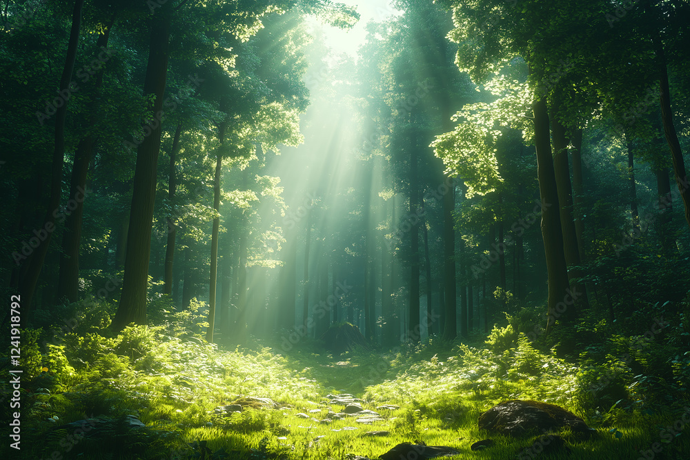 Obraz premium Enchanting green forest with sunbeams shining through tall trees creating a peaceful and mystical atmosphere