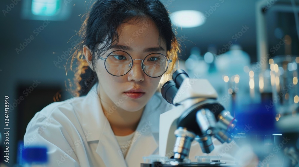 Focused Asian female scientist in a bright, modern laboratory, examining petri dish samples under a microscope. Background team working on drug development and biotechnology research Focused Asian female scientist in a bright, modern laboratory, examining petri dish samples under a microscope. Background team working on drug development and biotechnology research