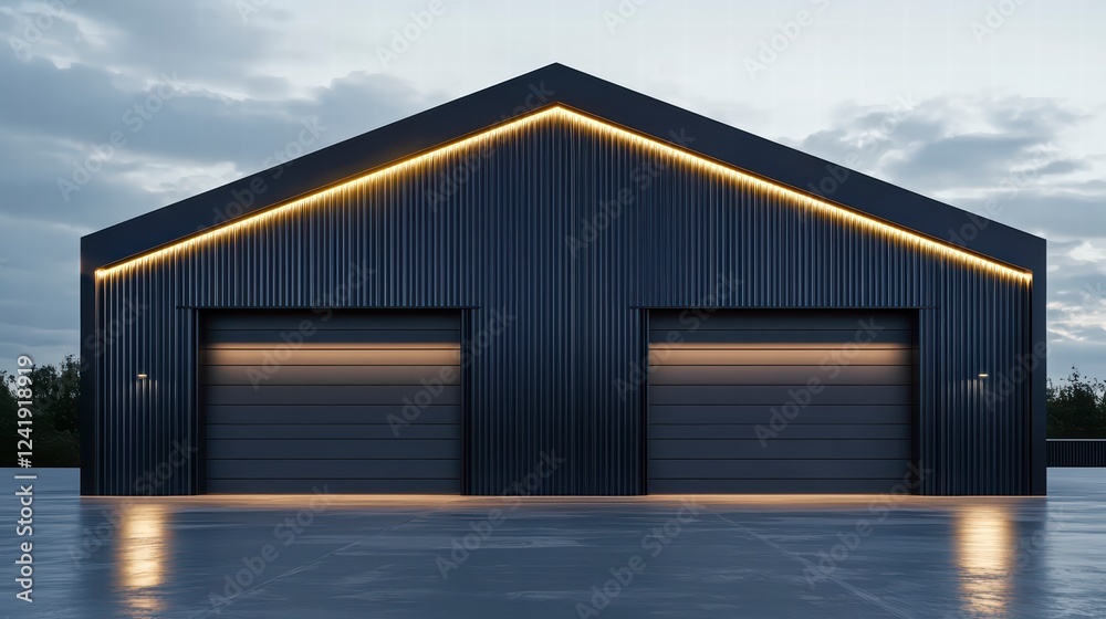 Fototapeta premium Modern Black Barn with LED Lighting: A sleek, modern barn with a dark exterior and two large garage doors is illuminated by warm LED strip lights along the roofline.
