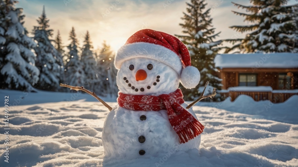 Obraz premium Snowman built in snowy landscape with snowflakes falling gently on a winter day