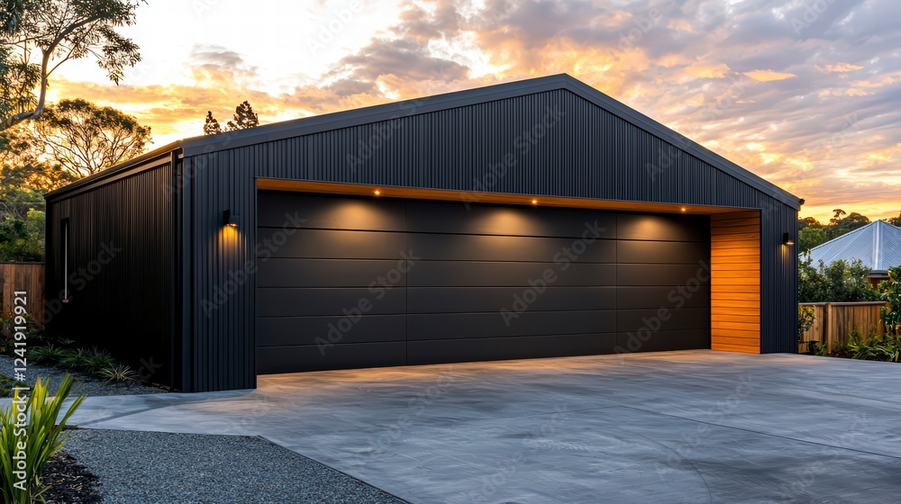 Modern Black Garage at Sunset: A sleek, modern black garage with a triple-wide door and warm wood accents is illuminated by soft sunset light. The design is contemporary and sophisticated. Modern Black Garage at Sunset: A sleek, modern black garage with a triple-wide door and warm wood accents is illuminated by soft sunset light. The design is contemporary and sophisticated.
