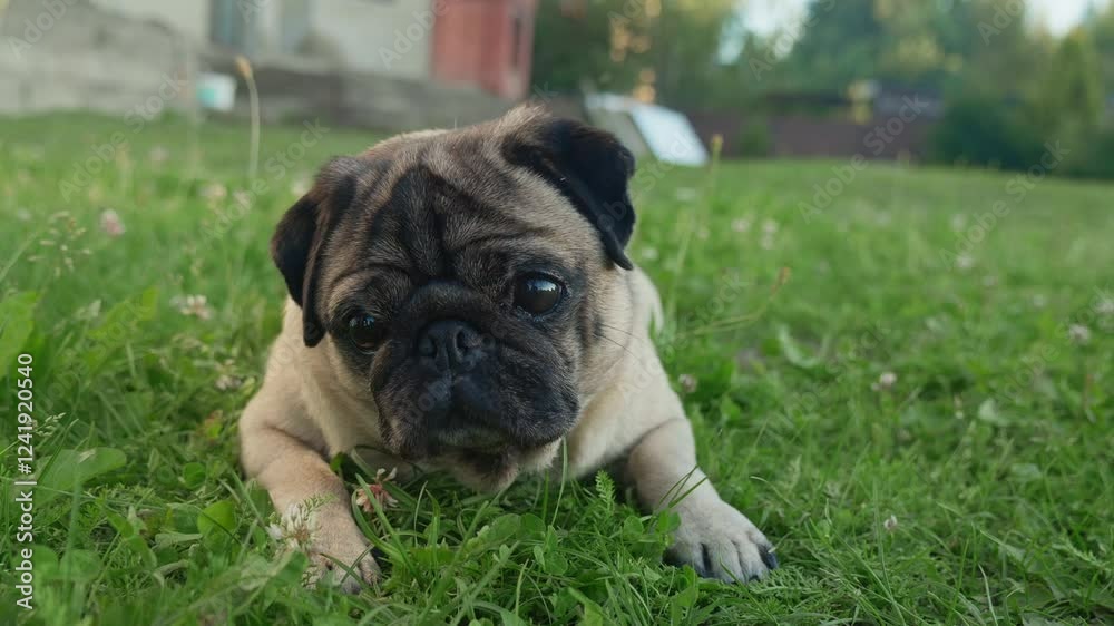 Cute Dog lies on a Green Backyard Lawn and Looks at Camera. Pug with interest turns its head in different directions funny close up. Colorful Outdoor Portrait in warm sunset lights Cute Dog lies on a Green Backyard Lawn and Looks at Camera. Pug with interest turns its head in different directions funny close up. Colorful Outdoor Portrait in warm sunset lights