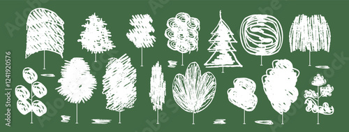 Tree bush shrub silhouette in winter forest. Cute simple vector illustration. Eco-friendly elements with chalk design, crayon pencil texture. Flat lines, pastel grunge detail, nature icon and symbol
