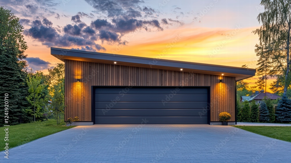 Modern Garage Design at Sunset: A contemporary detached garage boasts sleek dark gray doors, warm wood siding, and integrated lighting, all set against a vibrant sunset backdrop. Modern Garage Design at Sunset: A contemporary detached garage boasts sleek dark gray doors, warm wood siding, and integrated lighting, all set against a vibrant sunset backdrop.