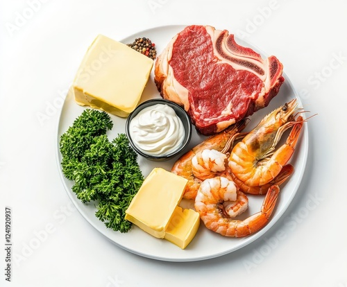 Keto diet ingredients: raw beef, shrimp, butter, sour cream, parsley on plate