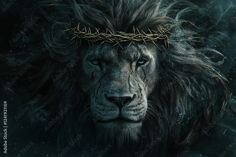 Fototapeta premium A noble lion gazes towards the horizon, symbolizing Jesus with a luminous cross subtly reflected in its eyes, conveying a powerful message of hope and faith.