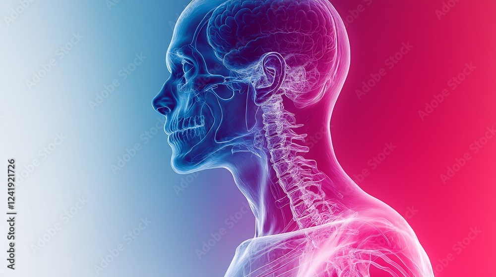 X-ray effect to subtly display his skeletal framework in a glowing blue, contrasted against a thermal backdrop that shades from icy blues at his extremities to intense reds at his torso X-ray effect to subtly display his skeletal framework in a glowing blue, contrasted against a thermal backdrop that shades from icy blues at his extremities to intense reds at his torso