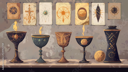 Editable modern illustration of a minor arcana tarot deck. occult and alchemy symbols. cups - faculty emotions and love. Alchemy & Magic Symbols. Illustration