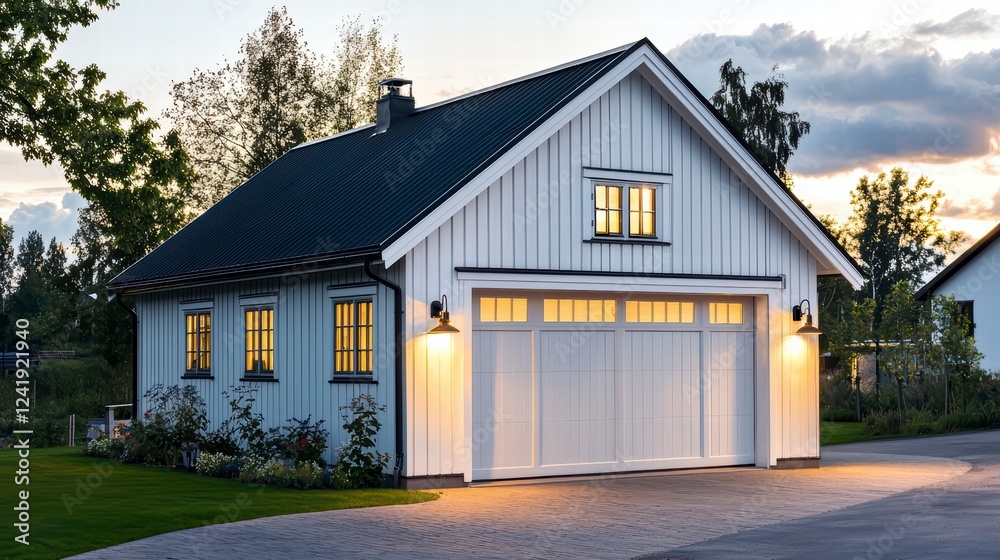 Charming Farmhouse Garage: A charming detached garage with a classic farmhouse design, featuring a white clapboard exterior, dark gray roof, and a large double garage door.