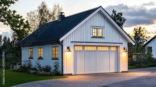 Charming Farmhouse Garage: A charming detached garage with a classic farmhouse design, featuring a white clapboard exterior, dark gray roof, and a large double garage door.