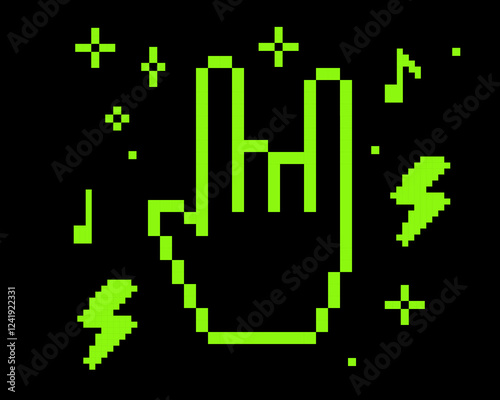 Y2k pixel art hand with rock gesture. Abstract game background Pixel music note, stars. Futuristic retro vector poster for party, concert. Punk, bold, groovy. Vector green elements. Black background