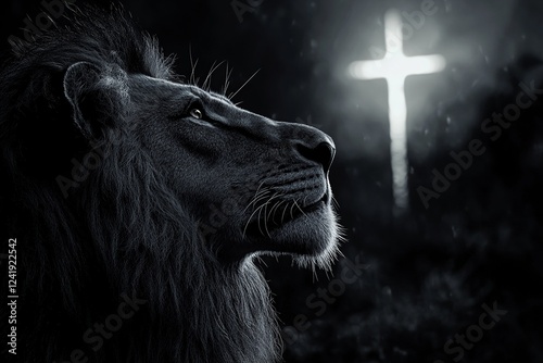 A noble lion gazes towards the horizon, symbolizing Jesus with a luminous cross subtly reflected in its eyes, conveying a powerful message of hope and faith.

