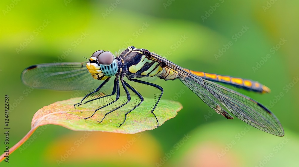 Close-Up View of Colorful Dragonfly on Green Leaf in Nature Close-Up View of Colorful Dragonfly on Green Leaf in Nature