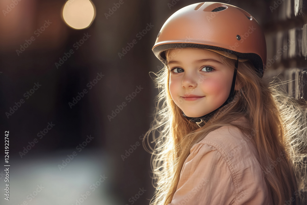 A young girl wearing a helmet, smiling softly while leaning against a wall. A young girl wearing a helmet, smiling softly while leaning against a wall.