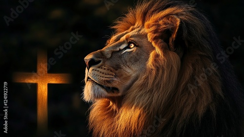A noble lion gazes towards the horizon, symbolizing Jesus with a luminous cross subtly reflected in its eyes, conveying a powerful message of hope and faith.

