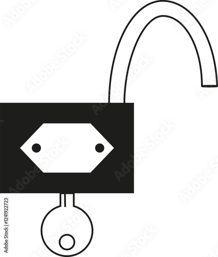 Key lock on white background. Lock-block open. Lock door shed garage. Key open lock