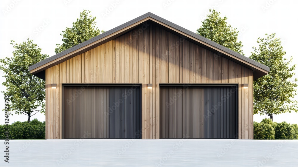 A simple wooden garage with two doors. The design is minimal, with a focus on the natural wood texture and no additional details. A simple wooden garage with two doors. The design is minimal, with a focus on the natural wood texture and no additional details.
