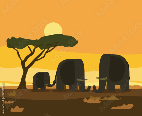 safari africa elephant animal silhouette on sunset orange sky background vector flat illustration
