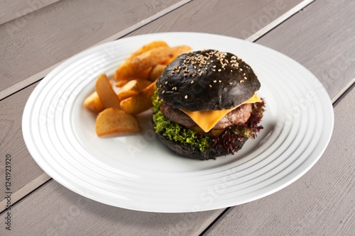 Juicy tasty fresh beef burger on the desk photo