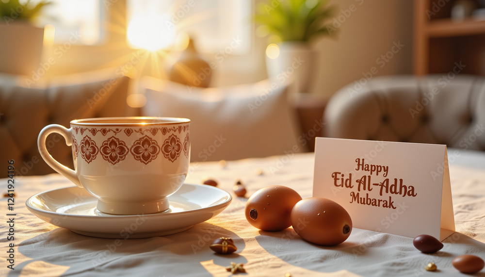 Cup with Eid Al-Adha greeting card on a table Cup with Eid Al-Adha greeting card on a table