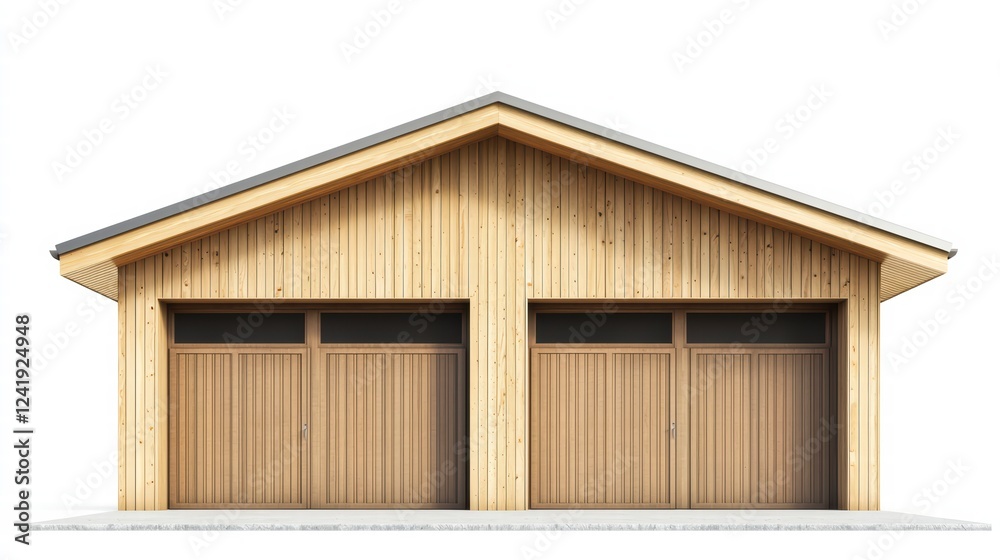 Double Wooden Garage: A pristine double garage with a pitched roof and light brown wooden cladding. The garage doors are also made of light brown wood, offering a clean, modern aesthetic. Double Wooden Garage: A pristine double garage with a pitched roof and light brown wooden cladding. The garage doors are also made of light brown wood, offering a clean, modern aesthetic.