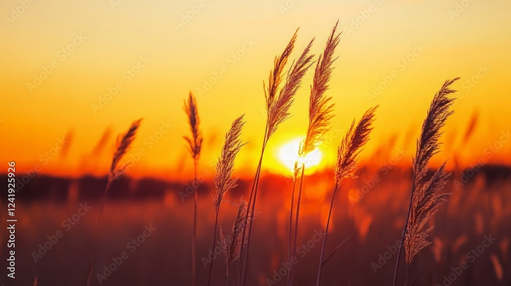 Golden Sunset Over Field of Tall Grass and Silhouetted Reeds Golden Sunset Over Field of Tall Grass and Silhouetted Reeds