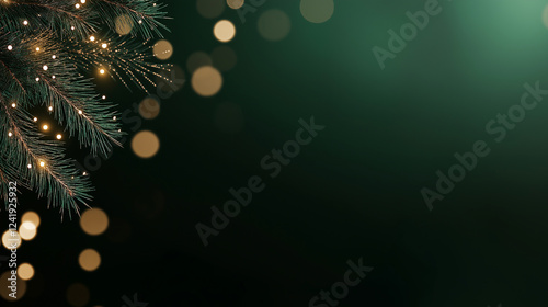 A sophisticated dark forest green and brushed gold festive background, with softly twinkling holiday lights, scattered glowing particles, and a delicate metallic foil sheen.
