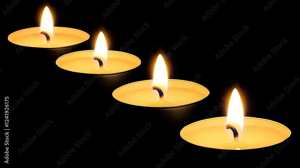 Four glowing tea light candles in a row against a dark background, creating a warm and serene atmosphere with their soft illumination. Four glowing tea light candles in a row against a dark background, creating a warm and serene atmosphere with their soft illumination.