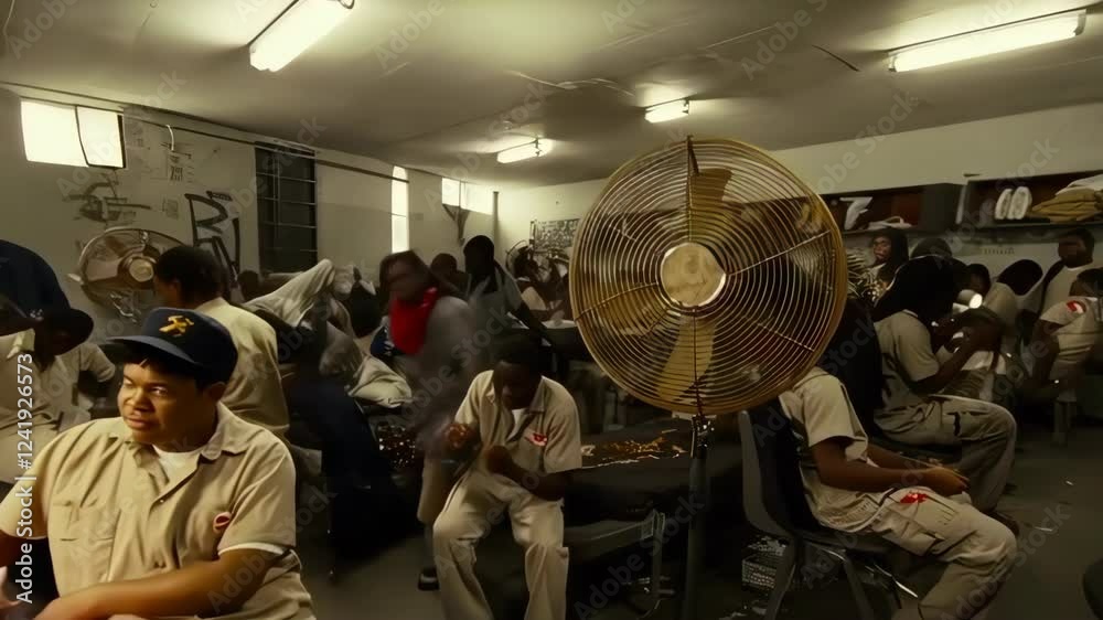 Prison Cell Life: Inmates in Orange Jumpsuits Dance, Lounge, and Pass Time in a Crowded Cell with a Large Fan